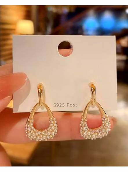 Women Gold-Plated Pearl-Studded Drop Earrings - Elegant Fashion Jewelry