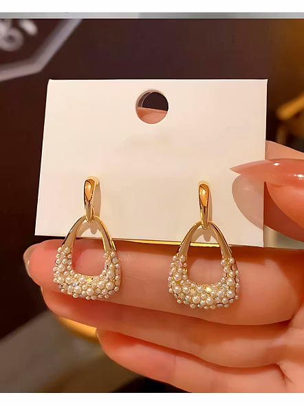 Women Gold-Plated Pearl-Studded Drop Earrings - Elegant Fashion Jewelry