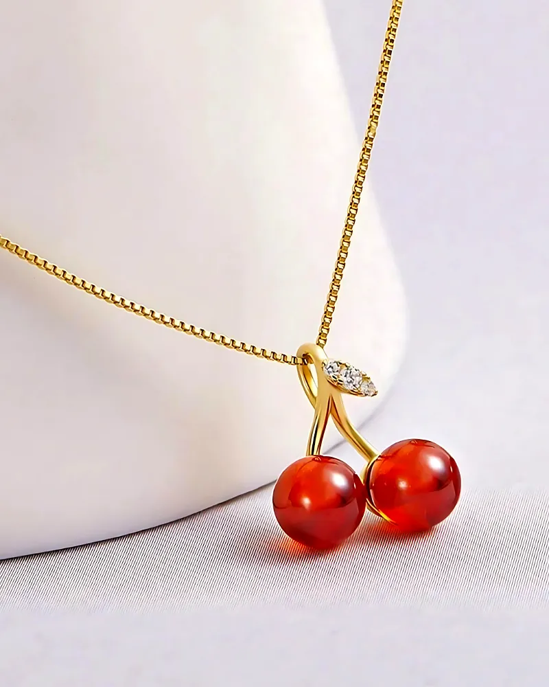 Red Cherry Pendant Necklace for Women & Girls - Korean Style Cute Fruit Jewelry by Print Magical Gifts