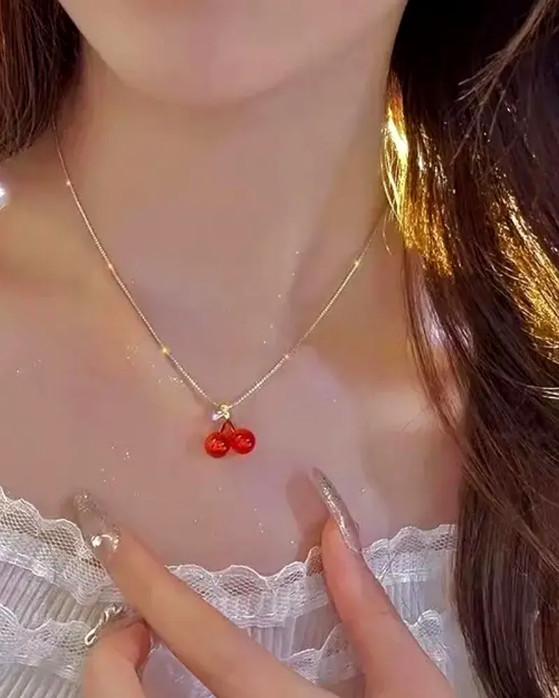 Red Cherry Pendant Necklace for Women & Girls - Korean Style Cute Fruit Jewelry by Print Magical Gifts