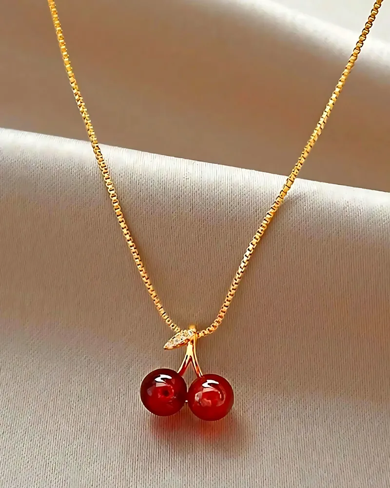 Red Cherry Pendant Necklace for Women & Girls - Korean Style Cute Fruit Jewelry by Print Magical Gifts