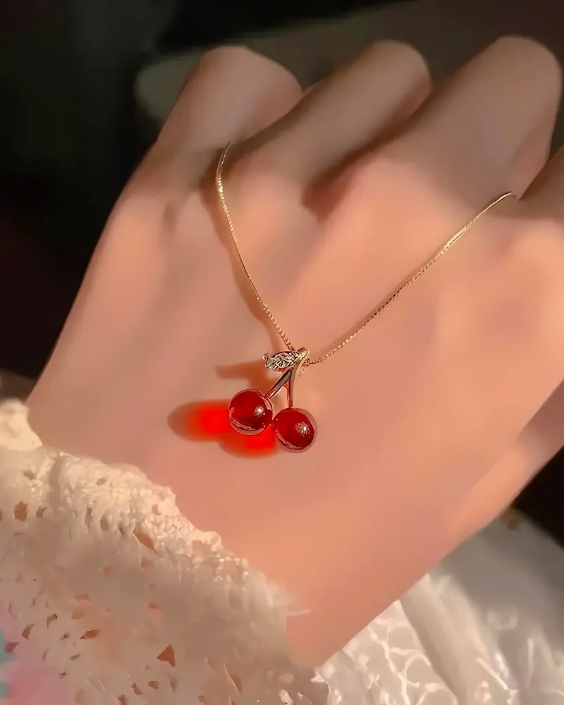 Red Cherry Pendant Necklace for Women & Girls - Korean Style Cute Fruit Jewelry by Print Magical Gifts