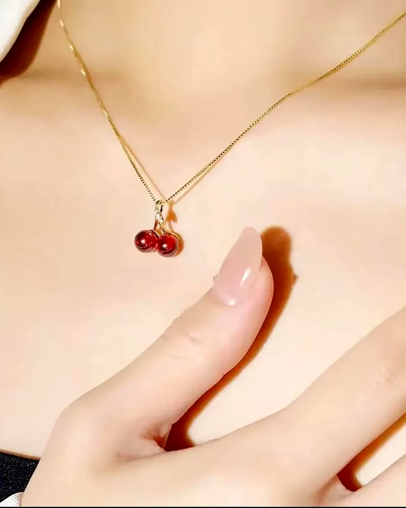 Red Cherry Pendant Necklace for Women & Girls - Korean Style Cute Fruit Jewelry by Print Magical Gifts