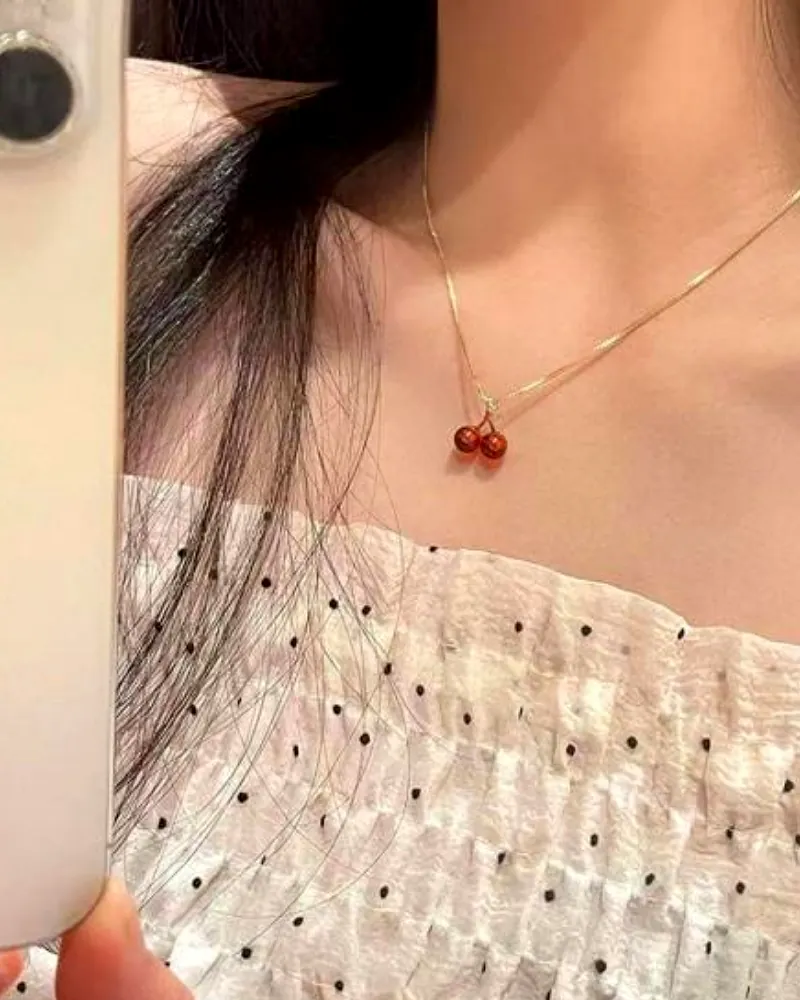 Red Cherry Pendant Necklace for Women & Girls - Korean Style Cute Fruit Jewelry by Print Magical Gifts