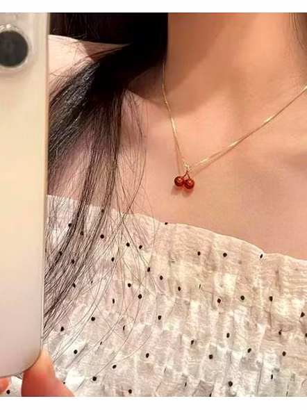 Red Cherry Pendant Necklace for Women &amp; Girls - Korean Style Cute Fruit Jewelry