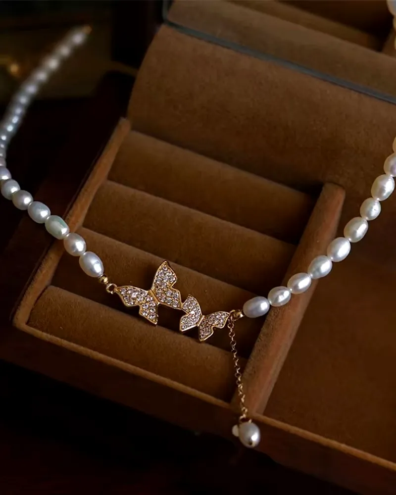 Korean Butterfly Pearl Choker Necklace – Elegant Summer Fashion Accessory for Women & Girls by Print Magical Gifts