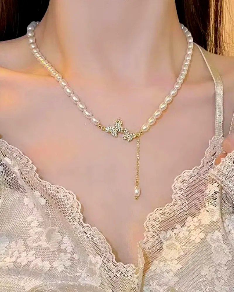 Korean Butterfly Pearl Choker Necklace – Elegant Summer Fashion Accessory for Women & Girls by Print Magical Gifts