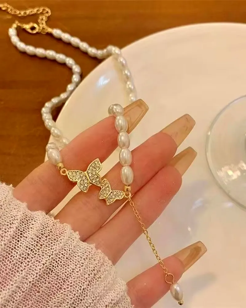 Korean Butterfly Pearl Choker Necklace – Elegant Summer Fashion Accessory for Women & Girls by Print Magical Gifts