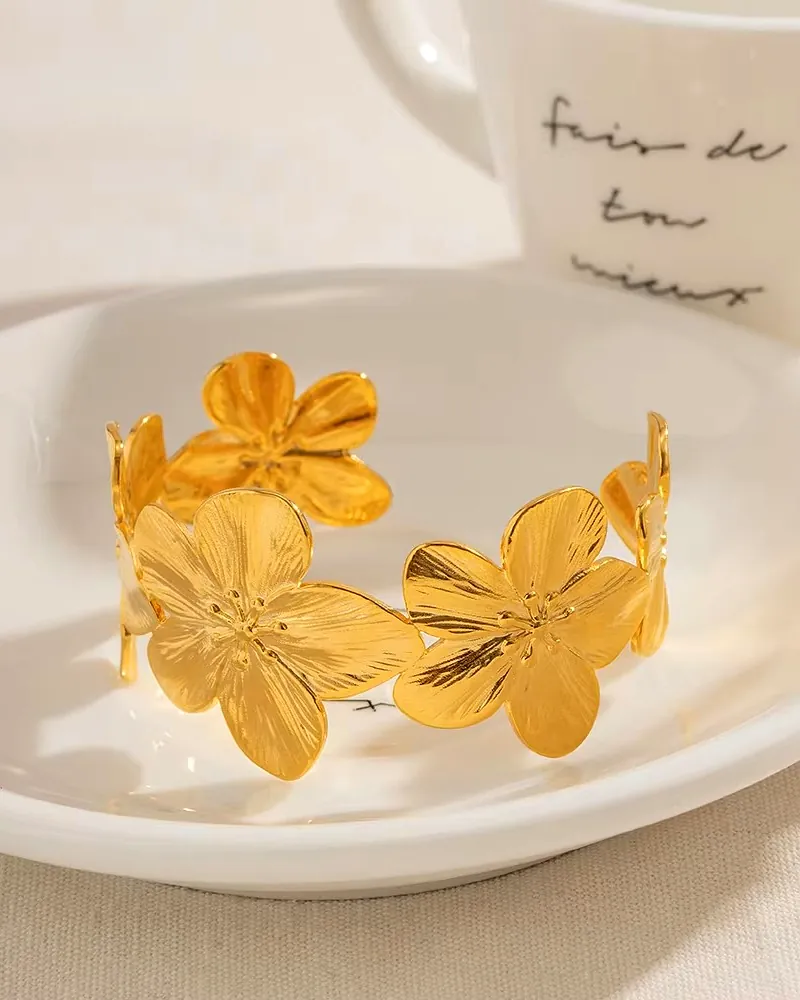 Premium Gold Wide Cuff Bracelet & Floral Earring Set | Vintage Jewelry by Print Magical Gifts