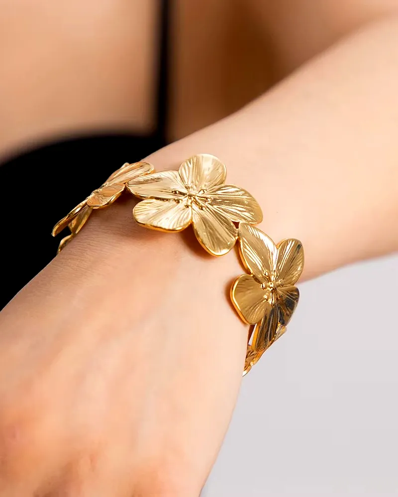 Premium Gold Wide Cuff Bracelet & Floral Earring Set | Vintage Jewelry by Print Magical Gifts