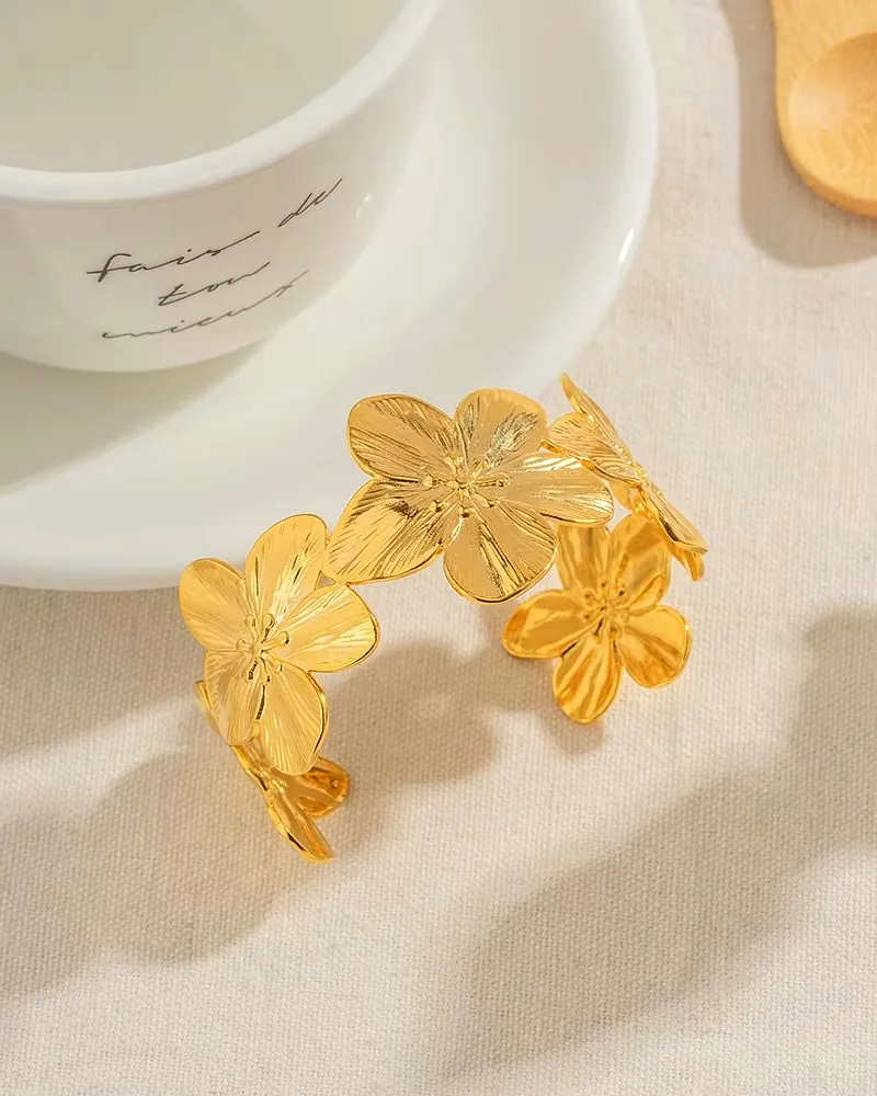 Premium Gold Wide Cuff Bracelet & Floral Earring Set | Vintage Jewelry by Print Magical Gifts
