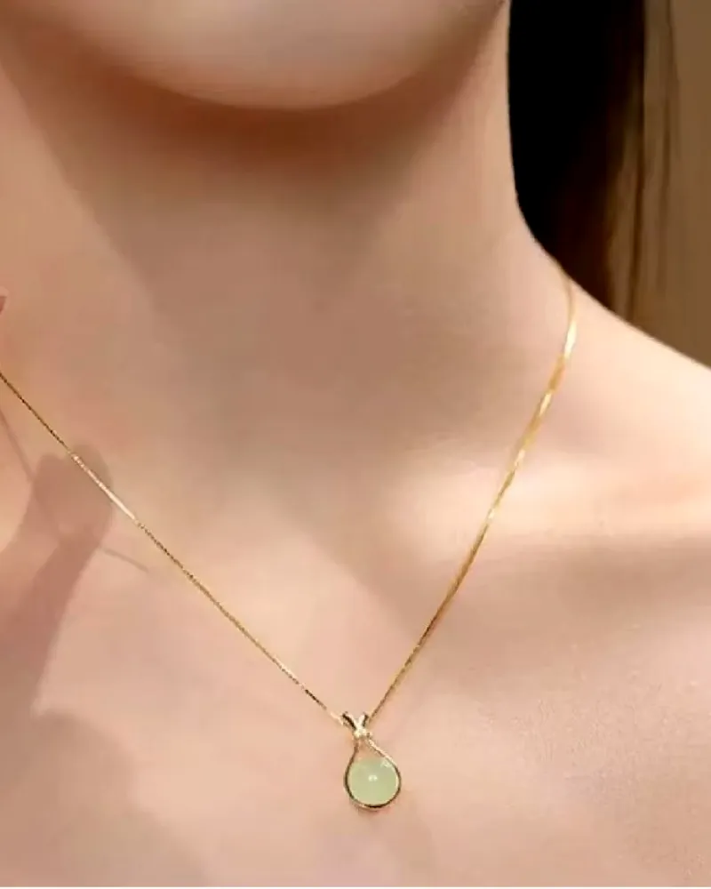Trendy Gold-Plated Pendant Necklace with Teardrop Jade Stone by Print Magical Gifts