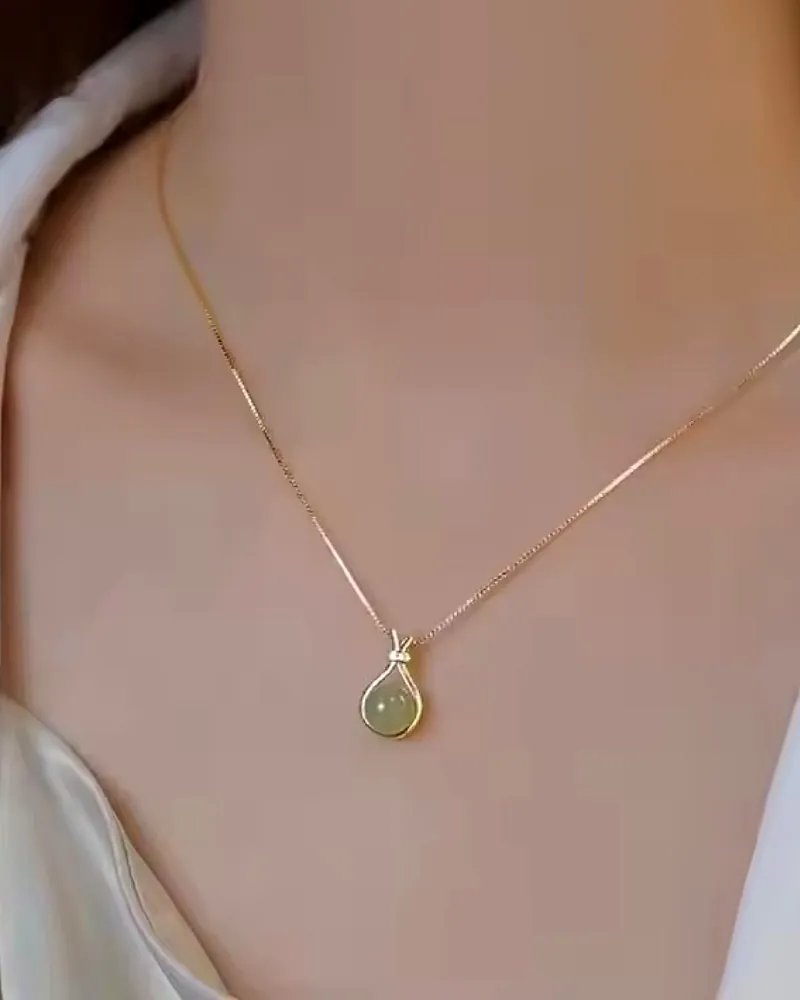 Trendy Gold-Plated Pendant Necklace with Teardrop Jade Stone by Print Magical Gifts