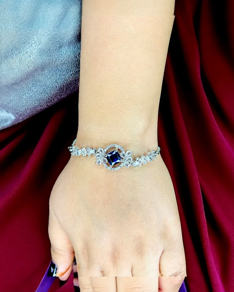 Silver-Plated Blue Crystal Matrix Tennis Bracelet for Women – Elegant Stone Design by Print Magical Gifts