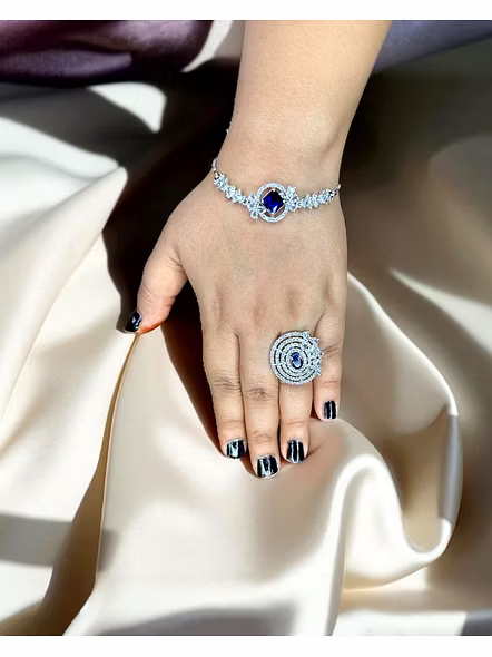 Elegant American Diamond Ring &amp; Bracelet Combo – Stylish Silver-Plated Set for Girls &amp; Women
