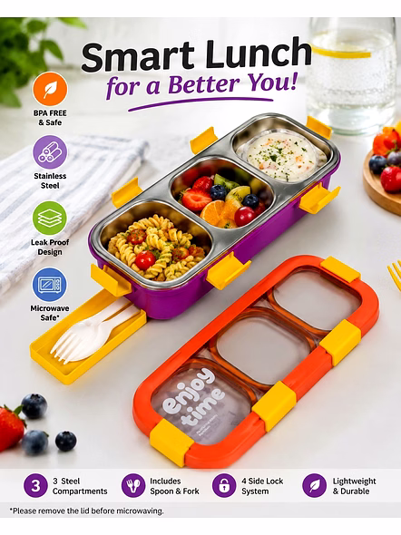 Stylish Leak-Lock Pro Bento Lunch Box – 3-Compartment Leak-Proof Meal Prep Container for Office, School &amp; Travel-Bentolunchbox001