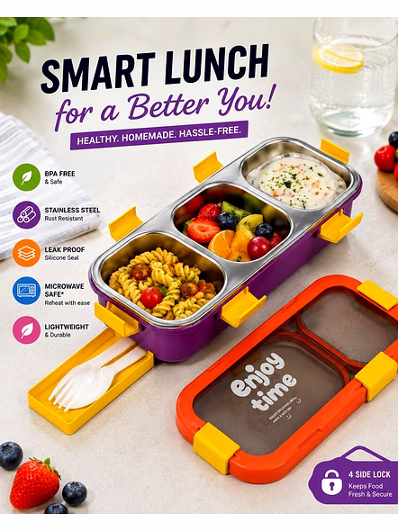 Stylish Leak-Lock Pro Bento Lunch Box – 3-Compartment Leak-Proof Meal Prep Container for Office, School &amp; Travel-2