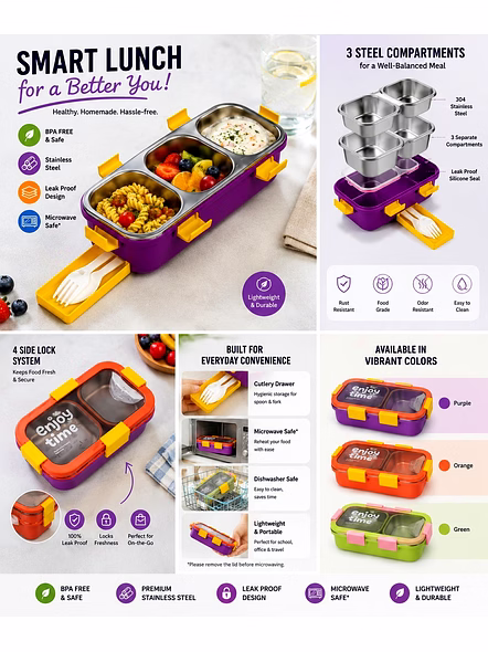 Stylish Leak-Lock Pro Bento Lunch Box – 3-Compartment Leak-Proof Meal Prep Container for Office, School &amp; Travel-3
