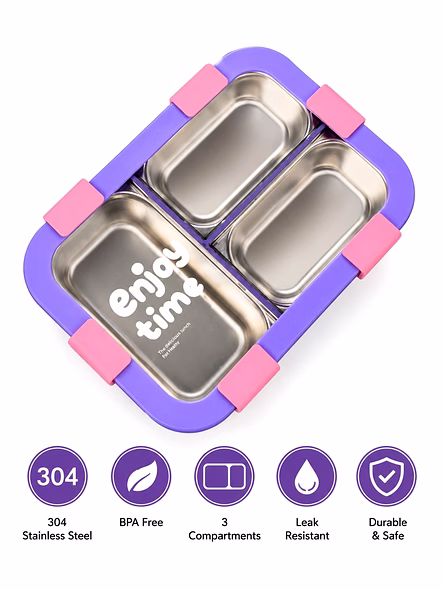 Kids Stainless Steel Lunch Box | Leakproof 3 Compartment Bento Tiffin Box for School Kids | BPA Free Lunch Box-1