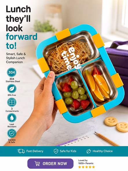 Kids Stainless Steel Lunch Box | Leakproof 3 Compartment Bento Tiffin Box for School Kids | BPA Free Lunch Box-Bentolunchbox002