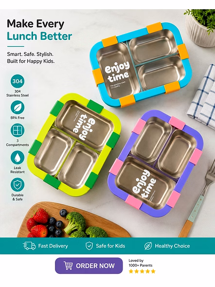Kids Stainless Steel Lunch Box | Leakproof 3 Compartment Bento Tiffin Box for School Kids | BPA Free Lunch Box-2