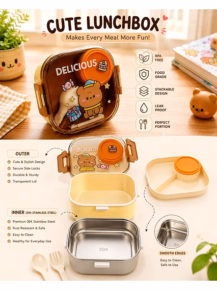 Fun and Cute Bento Lunch Box for Kids | Cartoon Prints | Portable Design-1