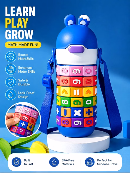 Maths Puzzle Bottle - Fun &amp; Educational Kids Water Bottle-Waterbottle01
