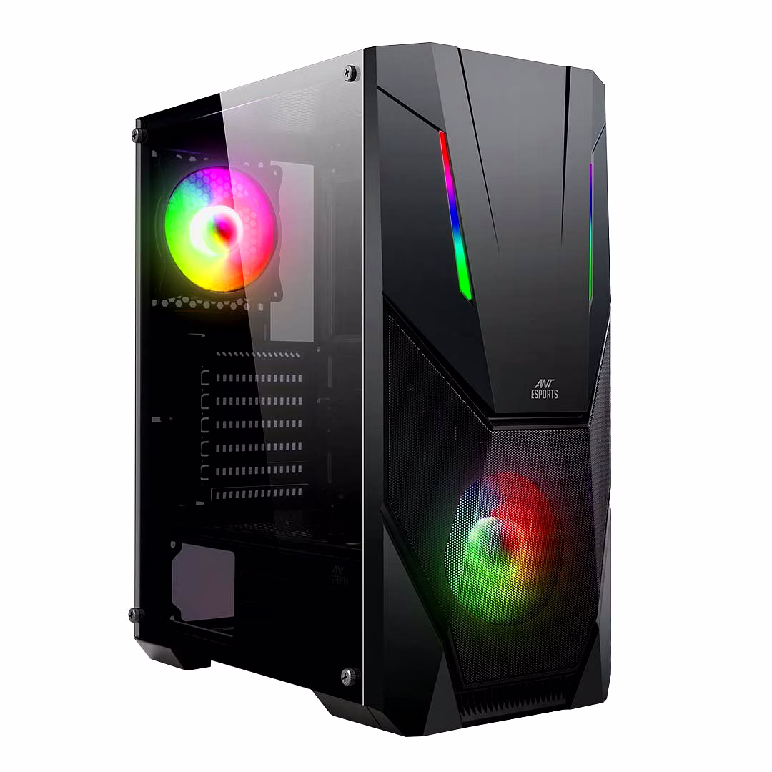 Ant Esports ICE-211TG Mid Tower Computer Case I Gaming Cabinet I Mesh Panel with ARGB Strip Front Panel I Supports ATX MB with Transparent Glass Side Panel, 2 x 120 mm ARGB Fan Preinstalled - Black image 1