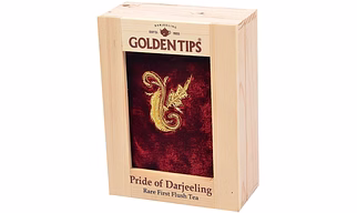 Golden Tips Rare Second Flush Darjeeling Tea Pinewood Box in The Packing of Zardosi Work on Velvet Pouch (100 Gram, 50 Cups)