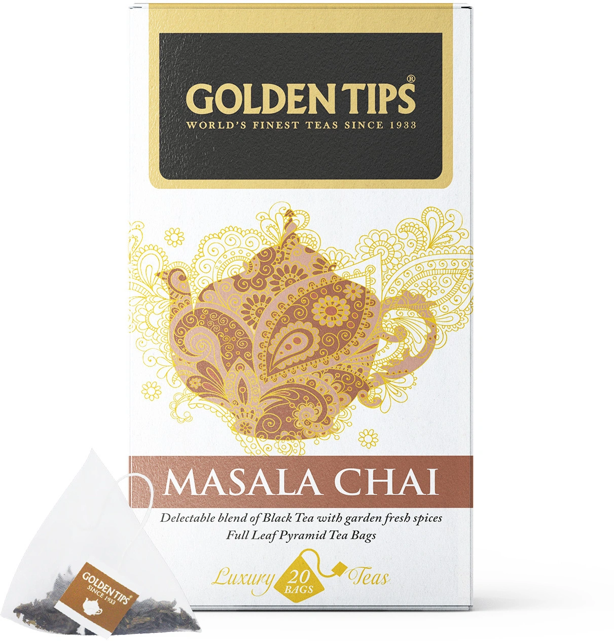 Golden Tips Full Leaf Pyramid Masala Chai Tea Bags (20 Bags, 40 Gram)-708