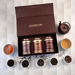 Golden Tips Assorted Tea Gift Box | Immunity Boosting Darjeeling Teas | Gift of Health | Diwali Gift Set | Gift Hamper Combo of Masala chai + Oolong Tea + Darjeeling White Tea