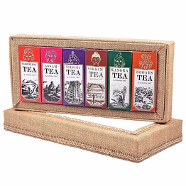 golden tips combo of 6 in 1 jute box darjeeling, assam, nilgiri, sikkim, kangra and dooars 100% natural loose leaf tea (6 x 50 gram)