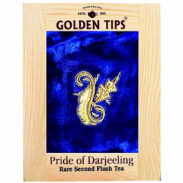 golden tips rare second flush darjeeling tea pinewood box with zardosi work on velvet pouch (200 gram- 100 cups)