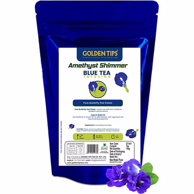 golden tips amethyst shimmer pure butterfly pea petals infusion blue tea, dried butterfly pea flower, premium zipper (100gm-50 cups)