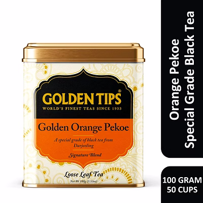 golden tips orange pekoe black tea loose leaves tin can (100 gram, 50 cups)