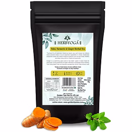 golden tips herbyoga herbal tea tulsi, turmeric and ginger pouch (100 gram, 50 cups)
