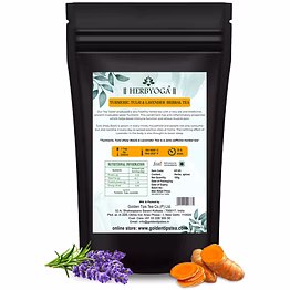 golden tips herbyoga herbal tea tulsi, turmeric and lavendar pouch (100 gram, 50 cups)