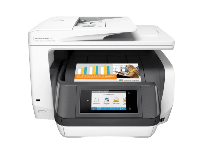 HP OfficeJet Pro 8730/Multi Function Color Printer/USB, Ethernet, Wi-Fi/Print speed up to 24 ppm (black) and 20 ppm (color)/1 year onsite warranty-D9L20A