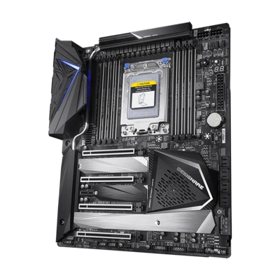 AMD TRX40 DESIGNARE Motherboard with Direct 16+3 Phases Infineon Digital VRM, Fins-Array Heatsink, Dual Intel LAN, 4 PCIe 4.0 M.2 with Thermal Guards, Bundled GC-Titan Ridge Add-In Card and AORUS Gen4 AIC Adaptor, Intel® WiFi 6 802.11ax,120dB SNR AMP-UP Audio