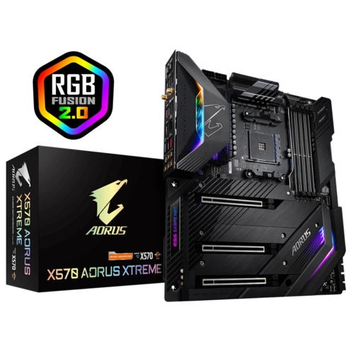 AMD X570 AORUS Motherboard with Direct 16 Phases Infineon Digital VRM, Fins-Array Heatsink, NanoCarbon Baseplate, Triple PCIe 4.0 M.2 with Thermal Guards, Intel® WiFi 6 802.11ax, ESS SABRE HiFi 9218, AQUANTIA® 10GbE LAN+1GbE LAN, RGB FAN COMMANDER, RGB Fusion 2.0-X570-AORUS-XTREME