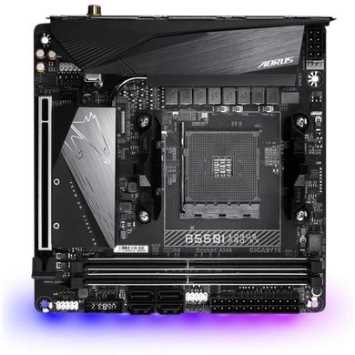 AMD B550 Mini-ITX AORUS Motherboard with Direct 8 Phases Digital VRM, Advanced Thermal Design with Extended VRM Heatsink, Thermal Baseplate, Dual PCIe 4.0/3.0 M.2 with Thermal Guard, Intel® WiFi 6 802.11ax, 2.5GbE LAN, RGB FUSION 2.0, Q-Flash Plus-5