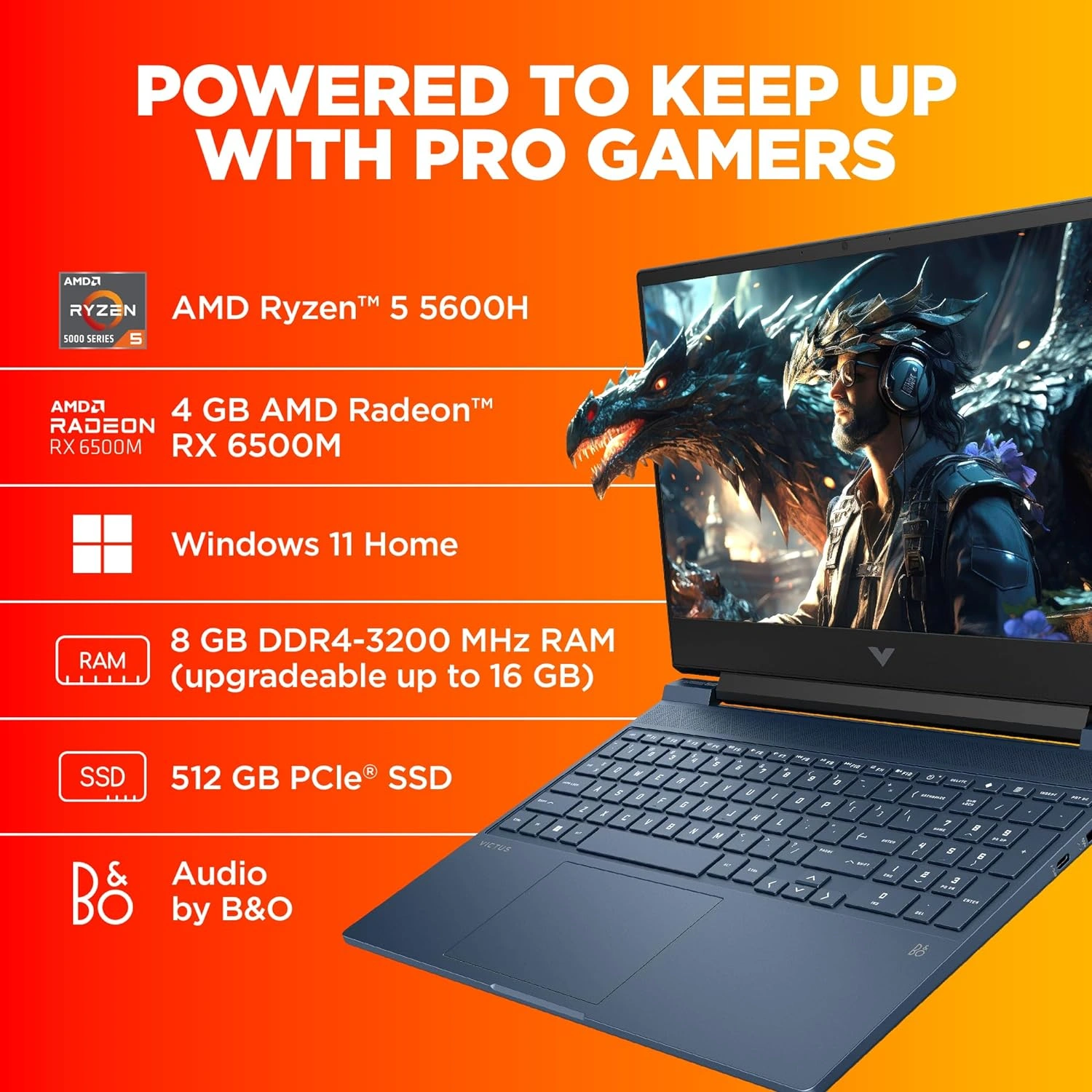 HP Victus Gaming Laptop, AMD Ryzen 5 5600H, AMD Radeon RX 6500M Graphics, 15.6-inch (39.6 cm), 50W TGP, FHD, IPS, 8GB DDR4, 512GB SSD, Backlit KB, B&amp;O (Win 11, Blue, 2.37 kg), fb0157AX-1