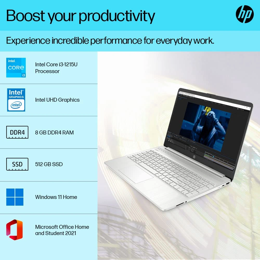 HP 15s 12th Gen Intel Core i3-1215U 15.6inch (39.6 cm) FHD Anti-Glare, 8GB RAM, 512GB SSD, Intel UHD Graphics, Dual Speakers, (Win 11 Home, MSO 2021, Silver, 1.69 kg), 15s-fq5185TU-2