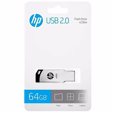 HP v236w USB 2.0 64GB Pen Drive, Metal, Silver-HP64GB