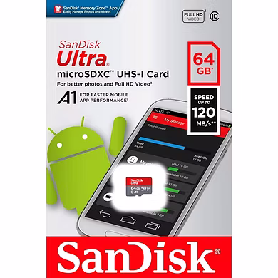 SanDisk Ultra microSD UHS-I Card 64GB, 120MB/s R-MEMORY64GB