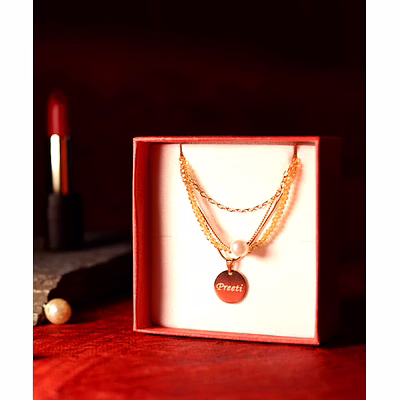 name engraved ladies double chain pendant pr-188 - personalized rose gold necklace