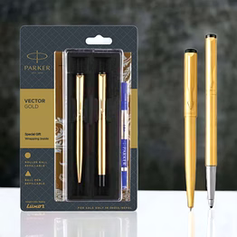parker vector gold ball pen + roller pen with gold trim