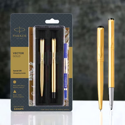 parker vector gold ball pen + roller pen with gold trim