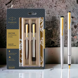 parker vector stainless steel ball pen + fountain pen with gold trim
