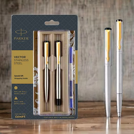 parker vector stainless steel ball pen + roller pen with gold trim